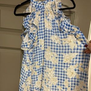 Button neck ruffle high/low tunic